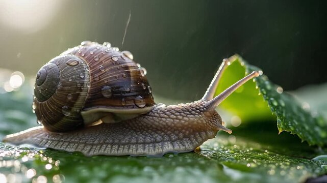 Close-up of a snail with a shell and water drops on a green leaf in the garden.