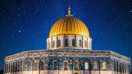Ornate building with golden dome illuminated against starry sky