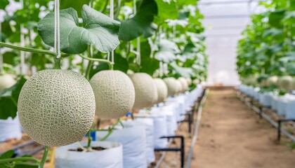 fresh cantaloupe melons growing in greenhouse farm with hydroponic system