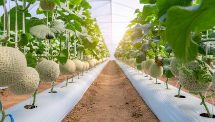 fresh cantaloupe melons growing in greenhouse farm with vertical trellis system