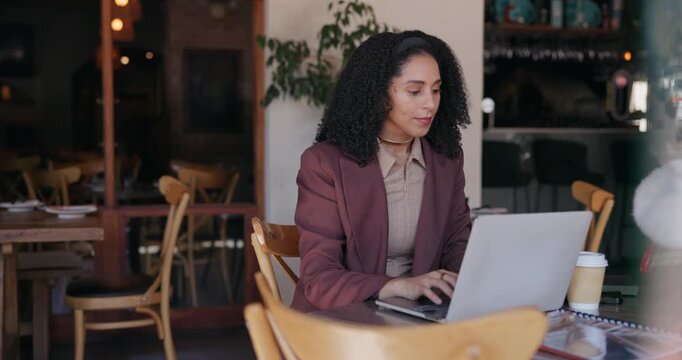 Remote work, typing or journalist in cafe with laptop, insight or edit of news article. Freelancer, research or woman in coffee shop with tech, proofreading or fact check for digital publication.