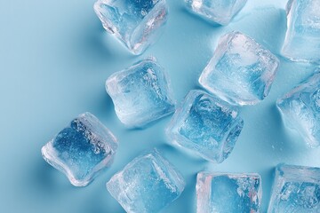 Obraz premium Frosty blue ice cubes scattered on cyan surface in bright studio pattern