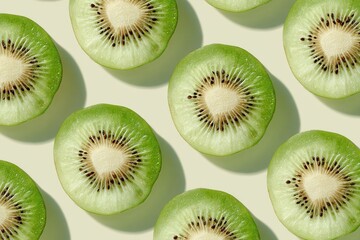 Fototapeta premium Bright green kiwi slices creating a clean repeating fruit pattern on a pale background