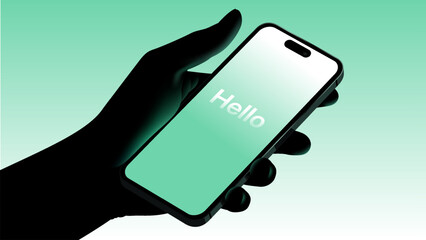 Silhouette Hand Holding Smartphone Showing Hello Text Screen with Green-Blue Glow