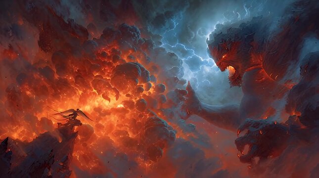 Fiery titan battles tiny warrior amidst chaos