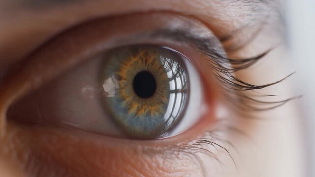 Close-up of a human eye with detailed iris and pupil, showcasing the intricate patterns and reflections.