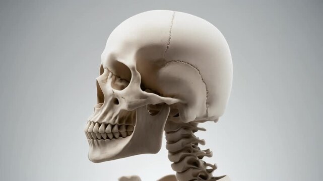 Detailed Human Skull and Upper Spine Anatomy on a Light Background.