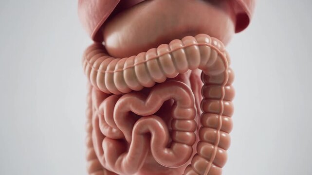 Detailed 3D Rendering of the Human Digestive System, Highlighting Intestines and Organs.