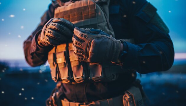 Soldier Adjusting Gloves Ready for Military Operation
