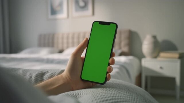 Person's hand holding a modern mobile phone with a vibrant green screen, providing a dynamic template for showcasing applications, websites, or video content in a comfortable domestic setting