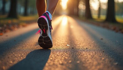 Runner's feet on a sunlit path