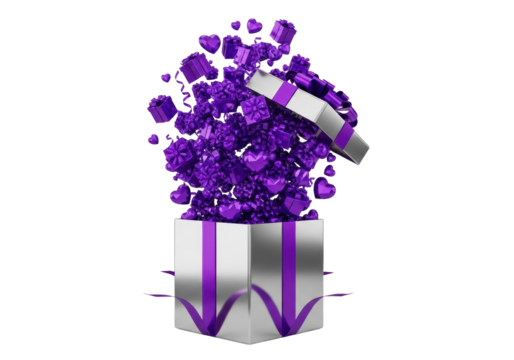 Large, central polished silver luxury gift box exploding, releasing hundreds of perfect purple gift cubes, satin ribbons, and metallic hearts against a transparent background. Concept for luxury - Powered by Adobe