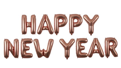 Rose gold foil balloons spelling happy new year on a black background
