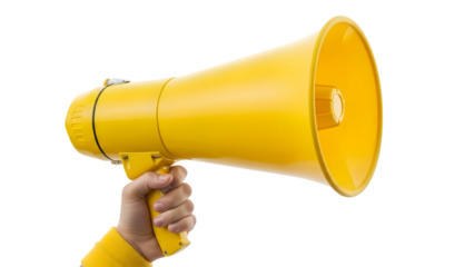 Bright yellow megaphone held by a hand against a dark background
