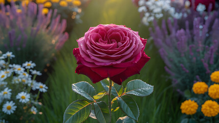 A vibrant close up of a deep pink rose surrounded by colorful garden blooms