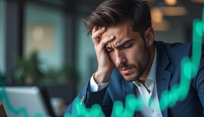 Stressed businessman analyzing financial data