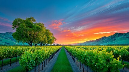 Fototapeta premium An expansive view of vineyard-covered hills at sunrise, with the rows of vines creating leading lines towards the glowing horizon, symbolizing growth and peace