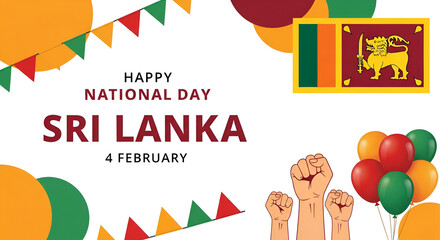 Sri Lanka Independence day banner. Latest horizontal poster with Sri Lanka flag, raised fist and typography. Great background for national day greeting cards, holidays, sport events and