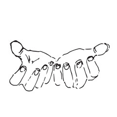 Detailed line drawing of a hand cupped, offering, or receiving a gift, money, or small item. Charity, giving, or holding concept.