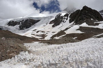 The enchanting beauty of the snowy mountains. The view of snow and rocks on the mountain tops.