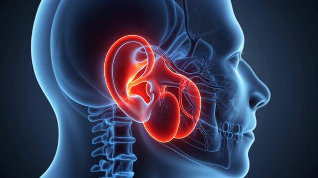 Anatomical illustration of the human ear highlighting its internal structures in red against a blue translucent head silhouette.
