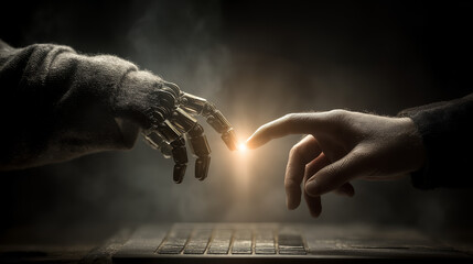 Two hands one gloved one bare exchanging a glowing digital object, technology transfer and human connection concept generated AI
