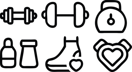Fitness icons show weights, bottles, shoe with heart, and heart medal presented on white