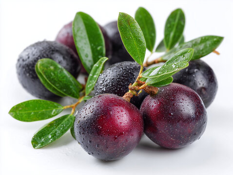  fresh Syzygium cumini, also known in india as Jamun or Indian black jamun, kala jamun, jambolan plum, java plum in white background