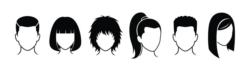 Diverse vector collection of modern male and female hairstyles, showcasing various haircuts and hair lengths perfect for avatar or profile design