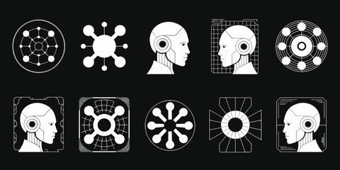 AI Technology Heads Vector  Futuristic Neural Interface and Digital Network Diagram.