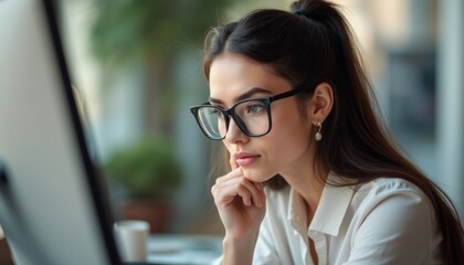 Focused woman in glasses working on a computer