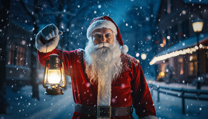 Santa Claus in the snow on the street with a red hat, a beard, and a smile for a winter holiday celebration