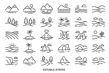 Fototapeta premium Mountain & Nature Landscape Line Icons Set Editable Stroke Vector Icons for Outdoor Travel