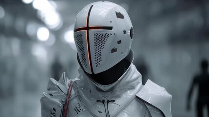 Futuristic knight character in a high-tech environment with a glowing cross emblem near an industrial setting