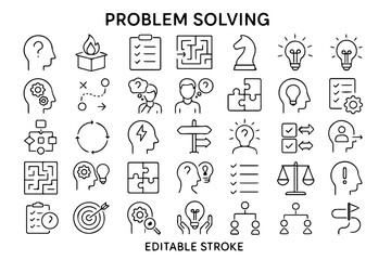 Problem Solving Line Icons Set &ndash; Strategy, Analysis, Creativity & Decision Making