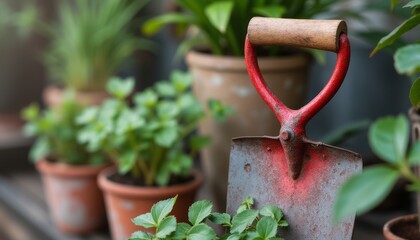Rustic garden shovel beside thriving potted plants