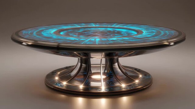Modern futuristic table with glowing blue designs and sleek metal finish, ideal for a sci-fi themed space