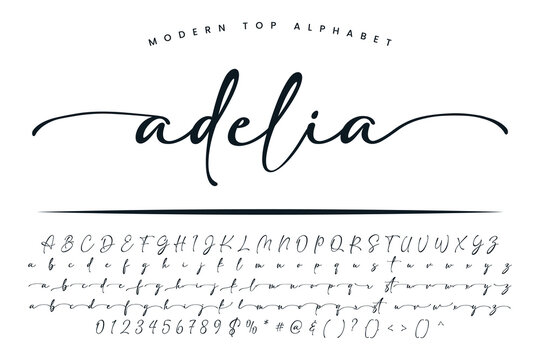 Adelia font and alphabet set of vector calligraphy letter a b c d script font isolated letters
