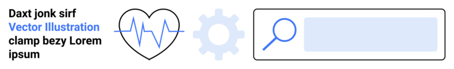 Health monitoring, search tools, user interface design, medical data, technology integration, productivity solutions. Heartbeat line in a heart, gear, and search bar with magnifying glass icon