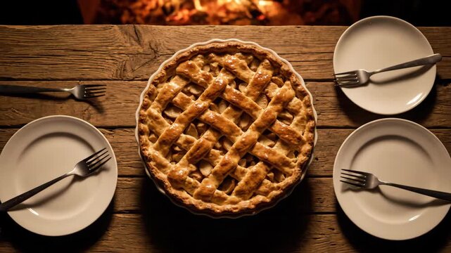 Warm apple pie on wooden table with empty plates near the fireplace