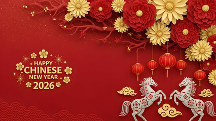 Happy chinese new year 2026 greeting card with two white horses, red lanterns, and golden flowers on red background