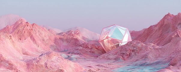 Floating hologram kiosk offering gadgets on pink volcanic moon surface