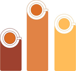 Three coffee cups with different colored backgrounds representing growth or progress isolated on white background