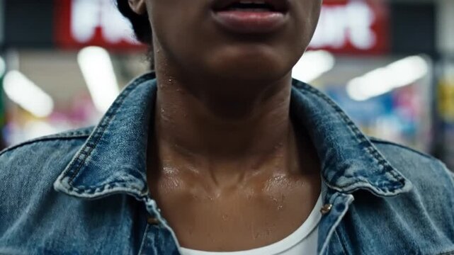 Extreme Detail Shot of Young Black Woman Breathing Heavily with Sweat in Public Space - Anxiety and Stress