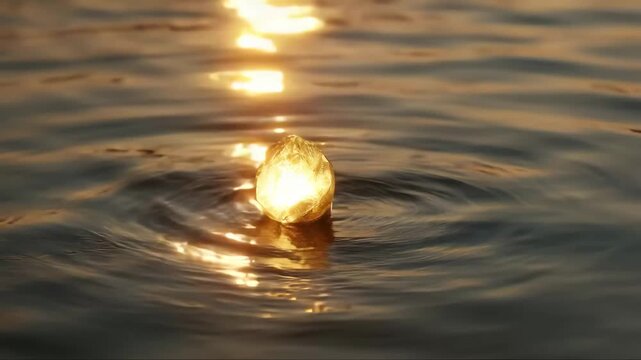 Golden object floating on rippling water reflects sunlight during peaceful afternoon