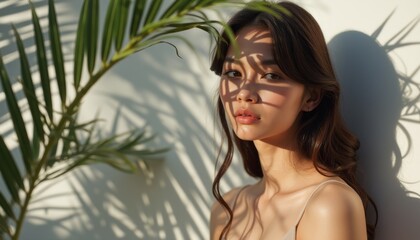 Fototapeta premium Woman with soft features illuminated by shadows of palm leaves