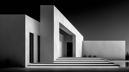 Obraz premium Modern minimalist house with illuminated steps and geometric architecture in black and white style 