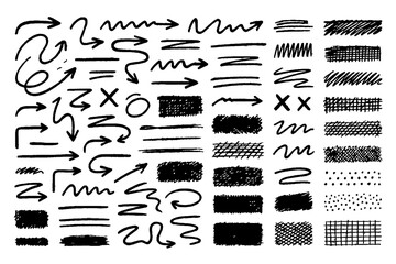 Hand-Drawn Brush Strokes, Arrows, Scribbles and Textured Ink Shapes Set &ndash; Abstract Marker Lines, Sketch Elements, Doodle Symbols and Grunge Design Collection