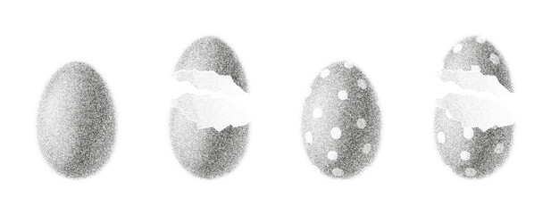 Easter Eggs with black dotwork grain texture. Vector eggs with abstract stipple sand effect. Easter eggs with holiday patter and gradient from dots isolated on white background.