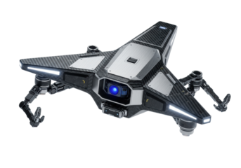 futuristic repair drone with matte black carbon fiber and titanium chassis, multiple arms, glowing blue sensor, floating on a sterile white infinity background. concept of advanced technology and